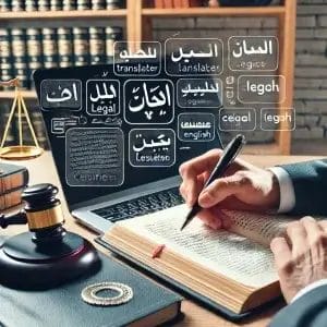 DALL·E 2025 02 20 22.59.52 A translator working on a legal document highlighting key legal terms in Arabic and English. The workspace includes a laptop legal books and a cert